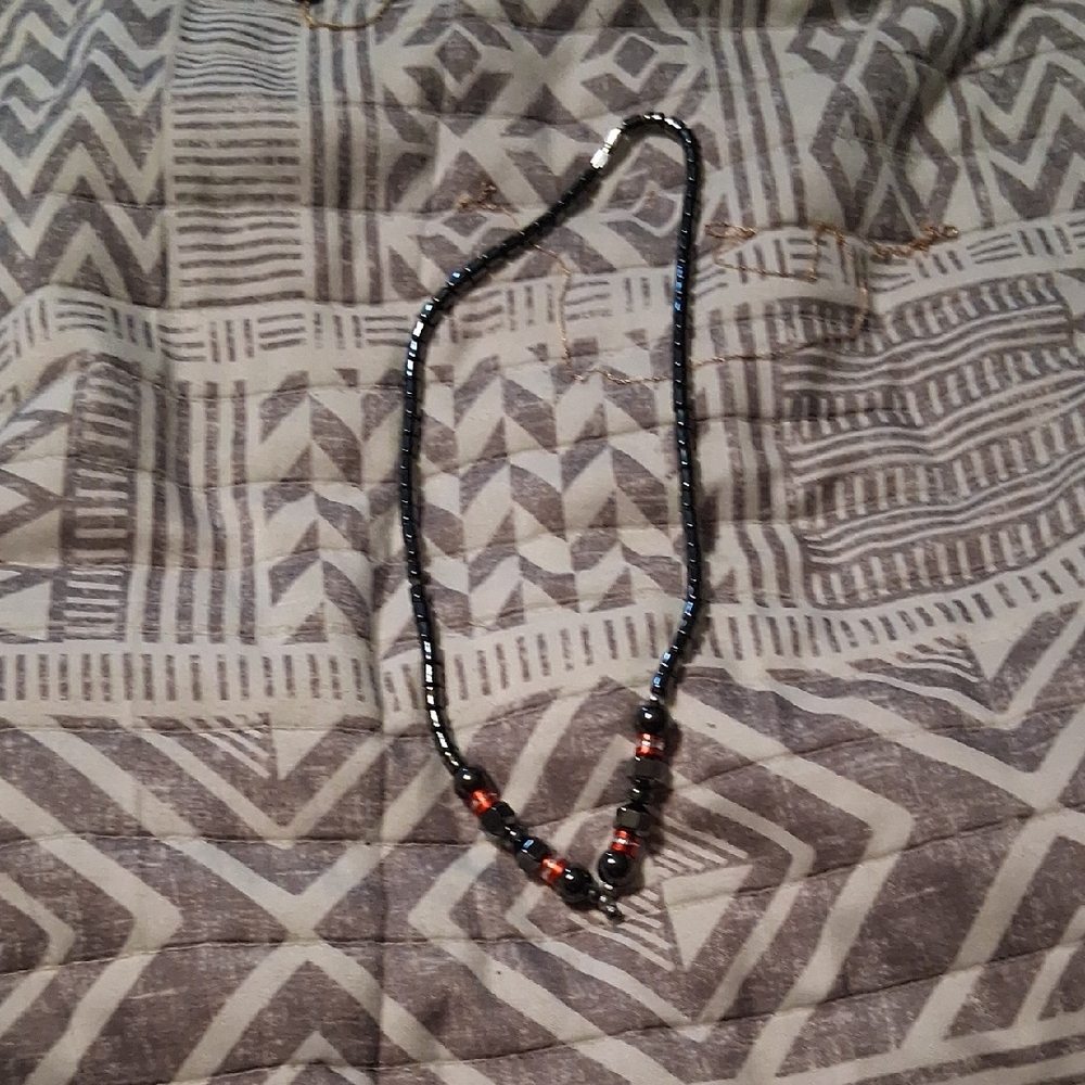 Black Obsidian and Red Beaded Necklace